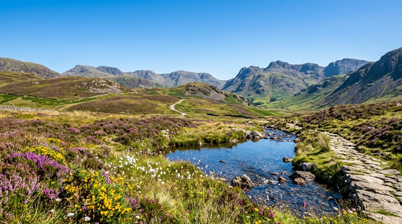 Clear blue sky over rolling countryside