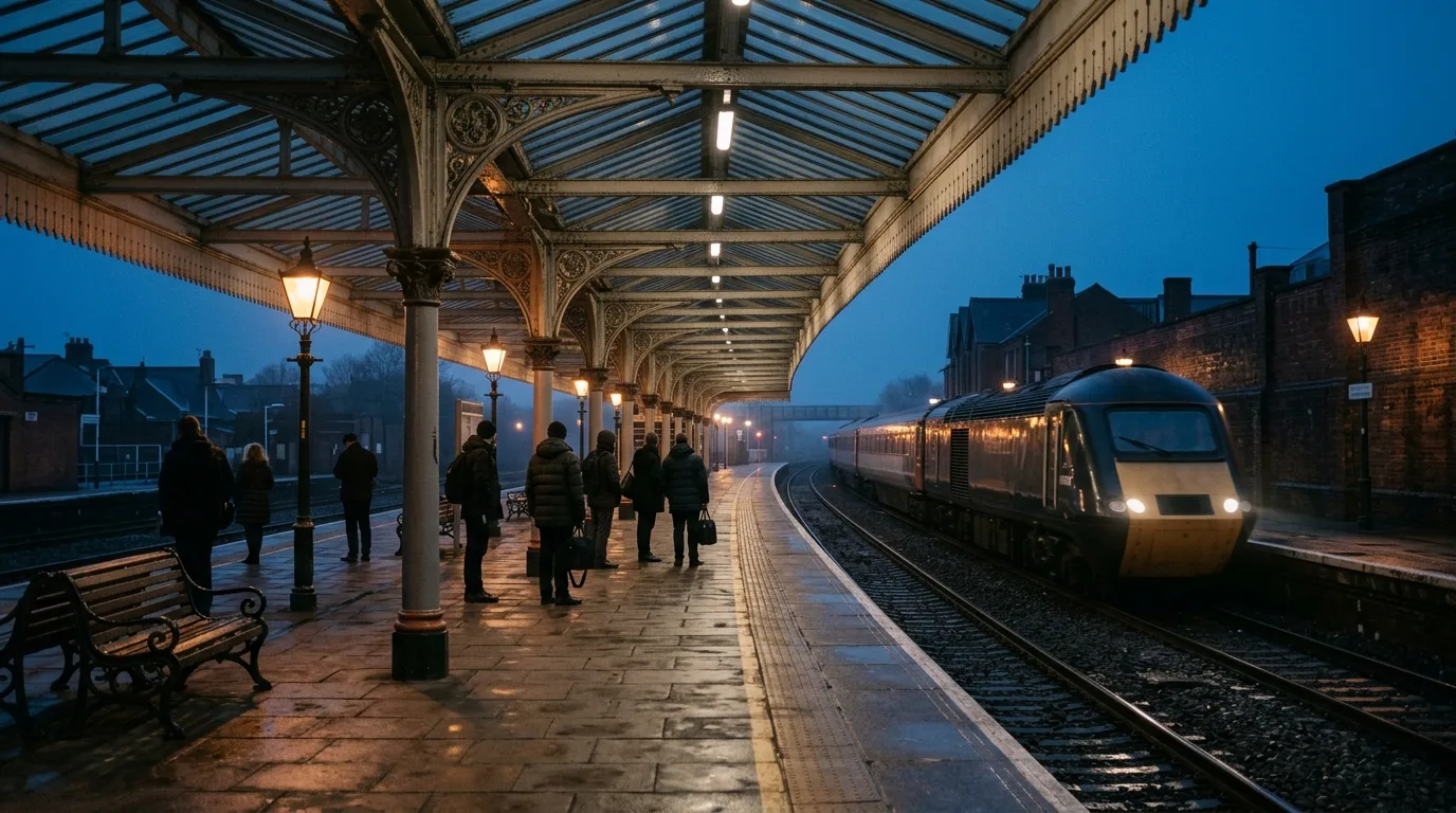 Train station platform in a UK commuter town