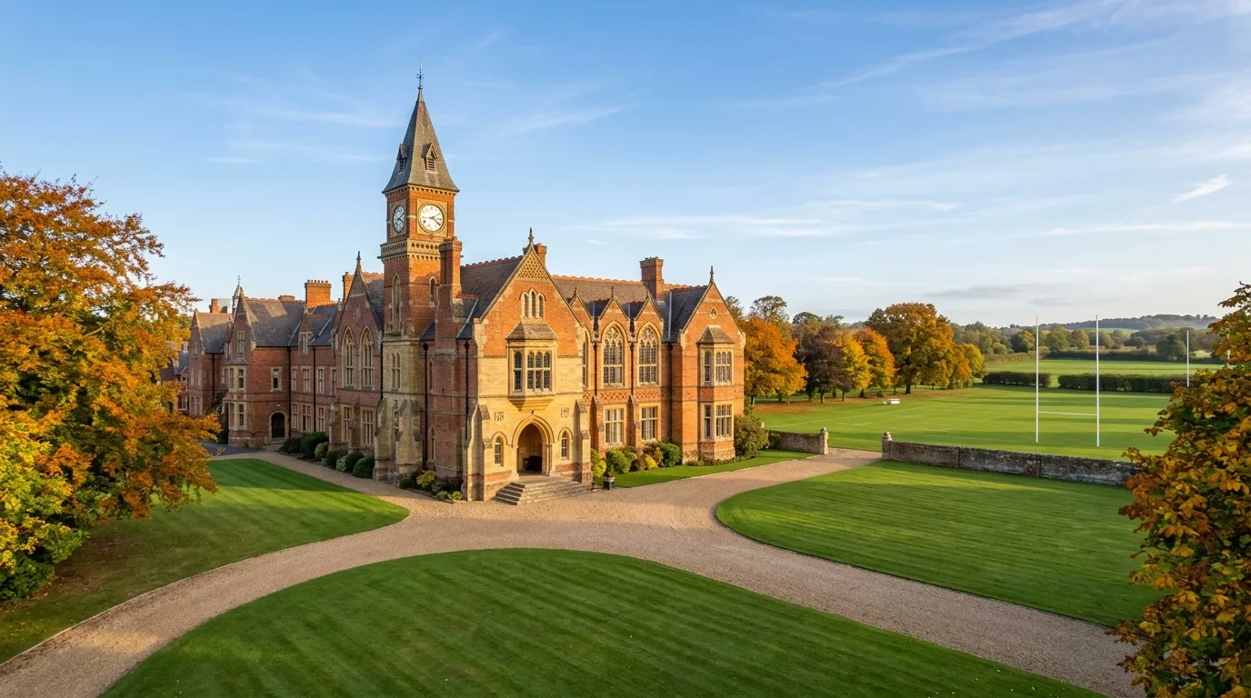 School building with children in a playground