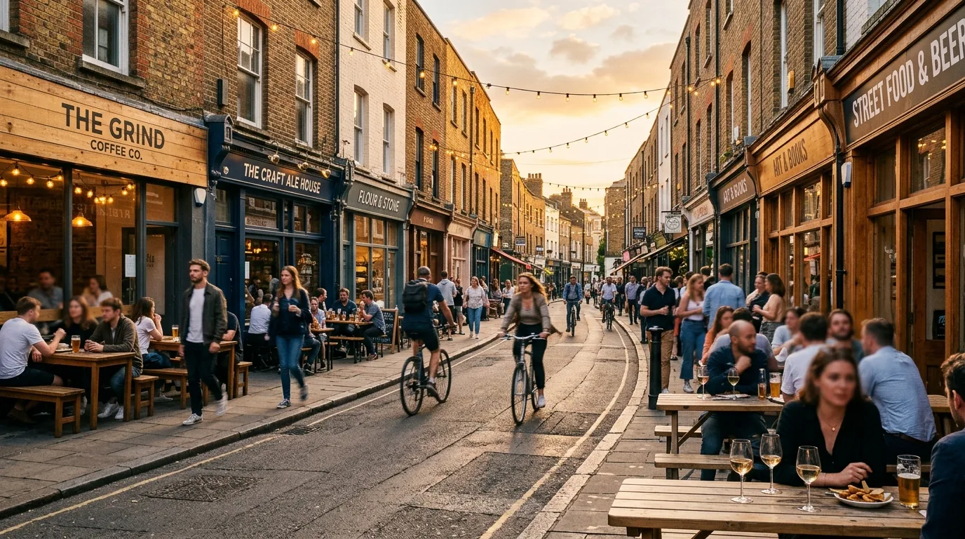 Vibrant high street with cafes and shops