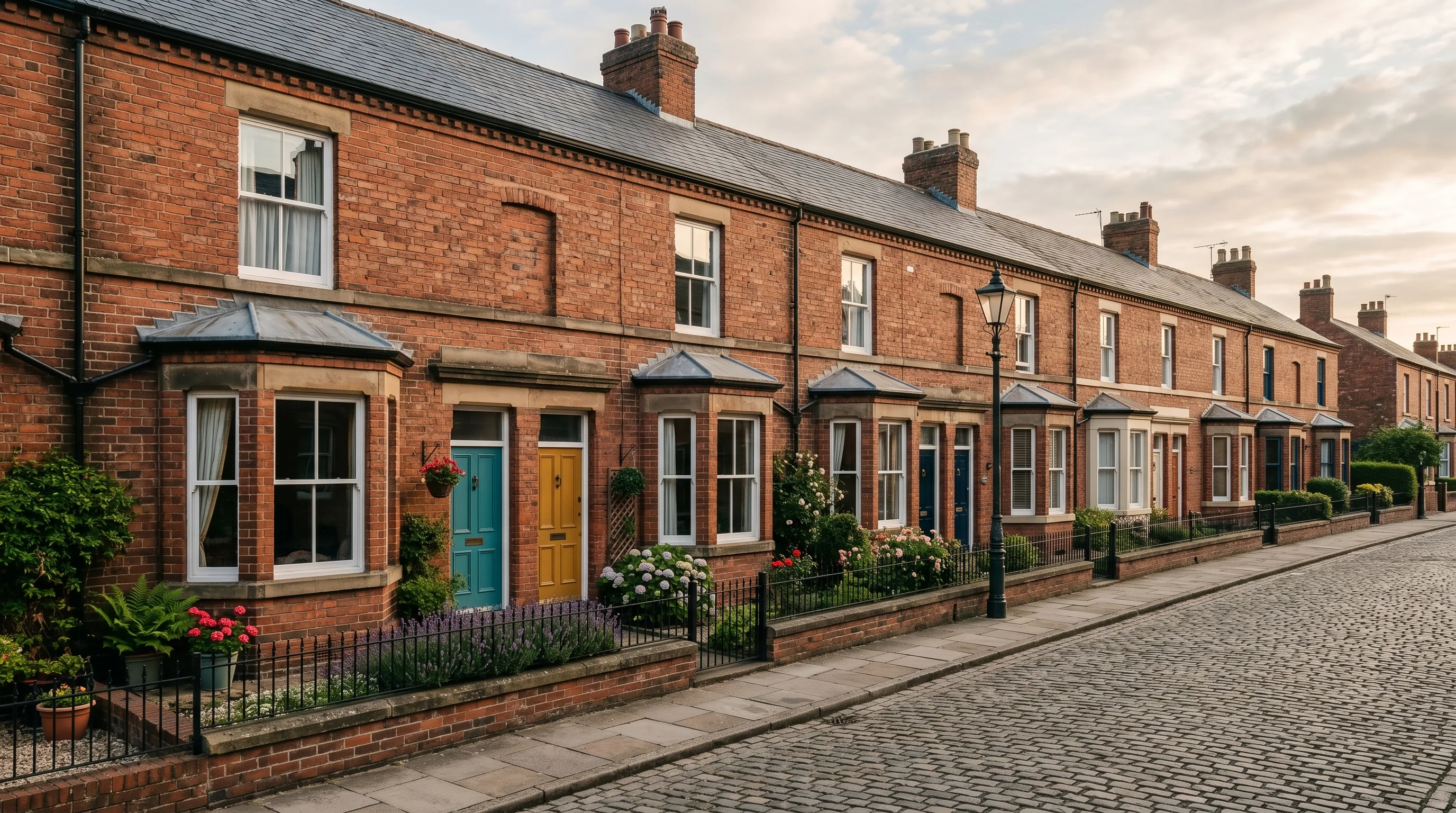 A row of well-kept Victorian red-brick terraced houses on a northern English street, with painted front doors in teal, mustard, and burgundy, and small tidy front gardens in soft early morning light