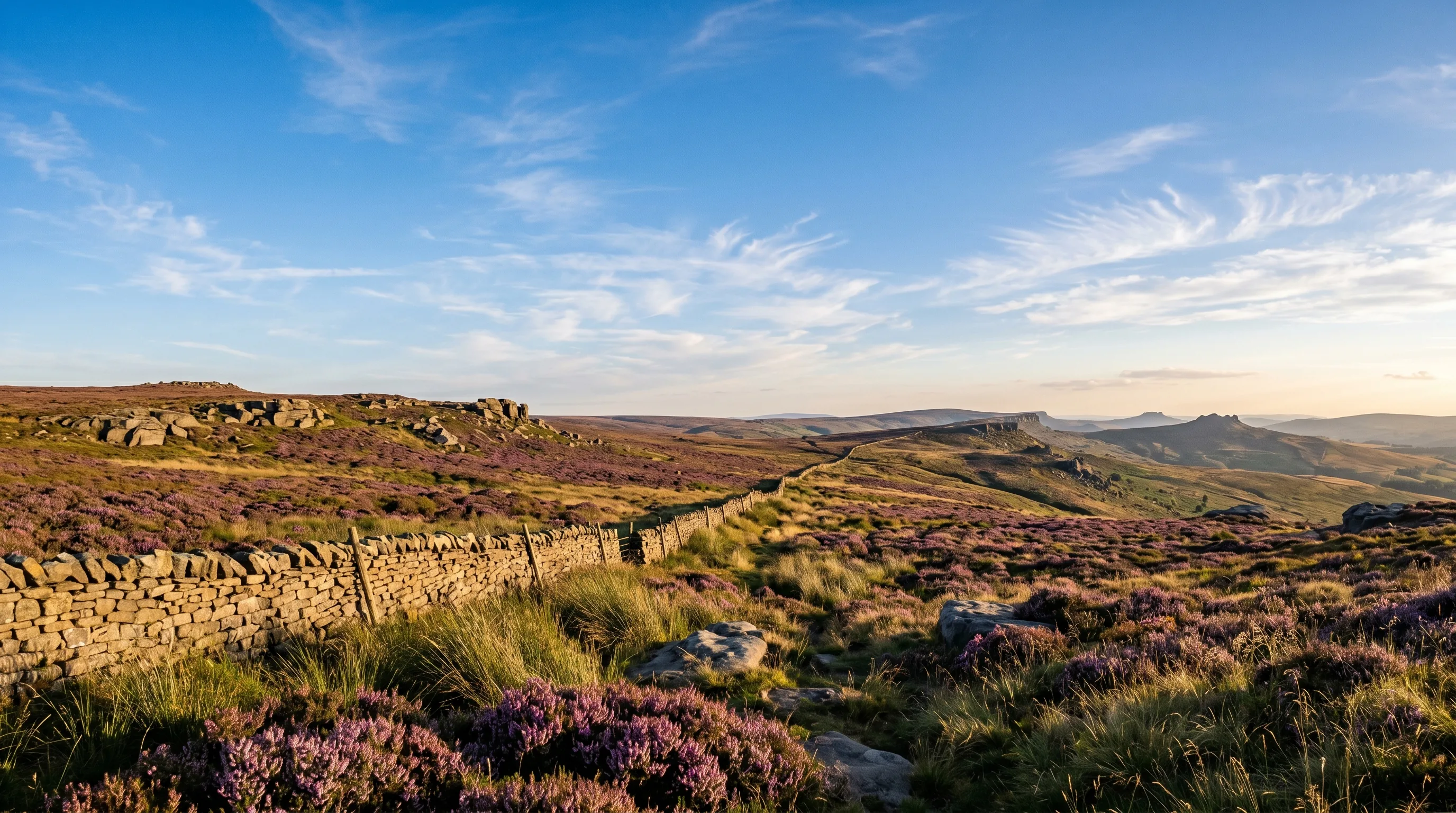 A sweeping upland British moorland scene under an enormous clear blue sky, with purple heather in bloom, a single dry-stone wall vanishing into the distance, rocky gritstone outcrops, and wispy high cirrus clouds in golden afternoon light