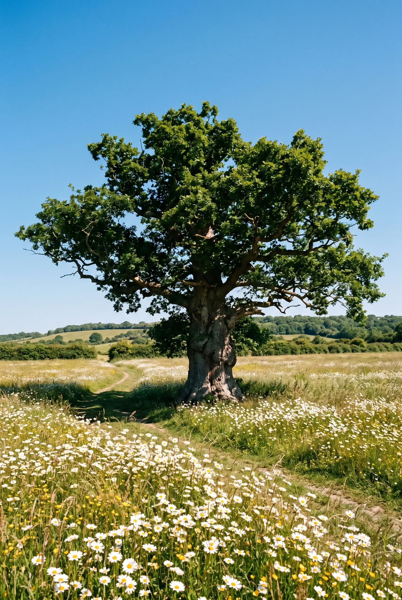 A solitary ancient English oak tree in a wide meadow of ox-eye daisies under a cloudless blue sky, with a gnarled trunk and deep shade beneath the canopy in warm summer afternoon light
