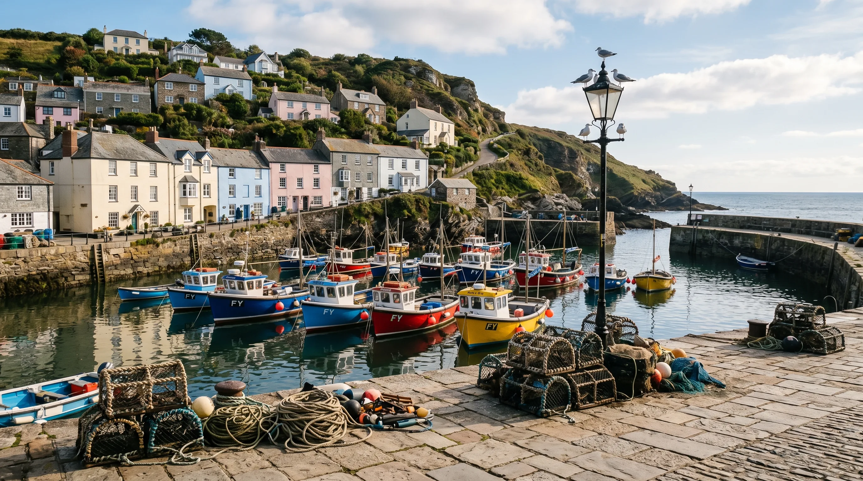 A picturesque Cornish fishing harbour at mid-tide, with pastel-painted cottages on a steep hill, brightly-coloured wooden fishing boats at the quayside, coiled ropes and lobster pots on the stone harbour wall, and seagulls perched on a lamppost in warm afternoon light