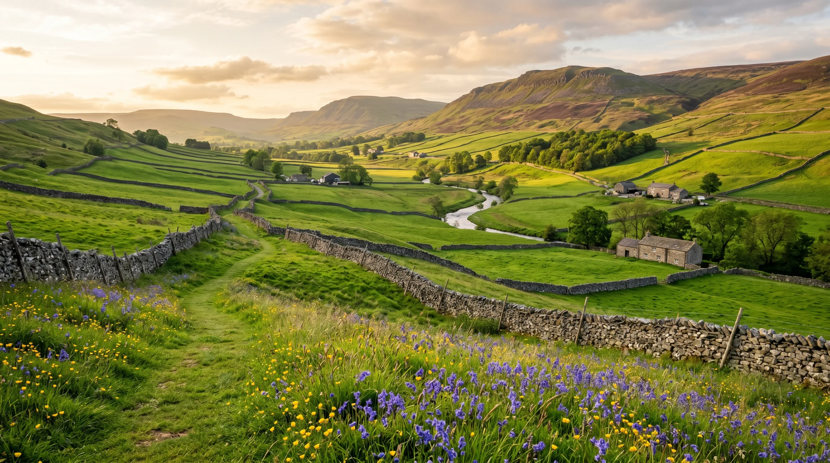 A sweeping vista of the Yorkshire Dales in early summer, with dry stone walls crisscrossing emerald fields, patches of bluebells and buttercups, distant woodland, and a winding grass footpath in golden-hour light