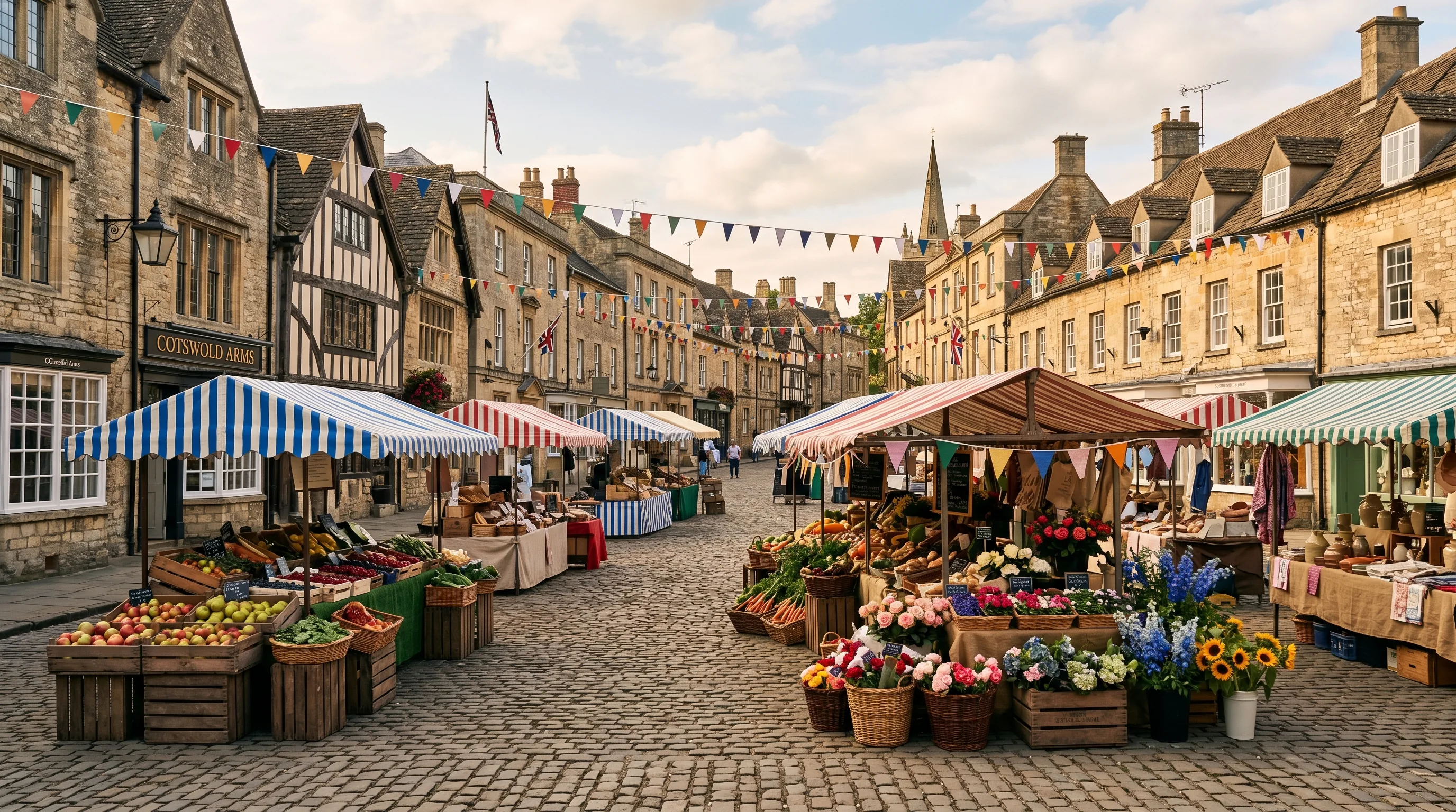 A historic English market town square on market day with weathered Georgian stone buildings, striped canvas market stalls with wicker baskets of fruit and fresh flowers, cobblestones, and bunting strung between buildings in warm summer light