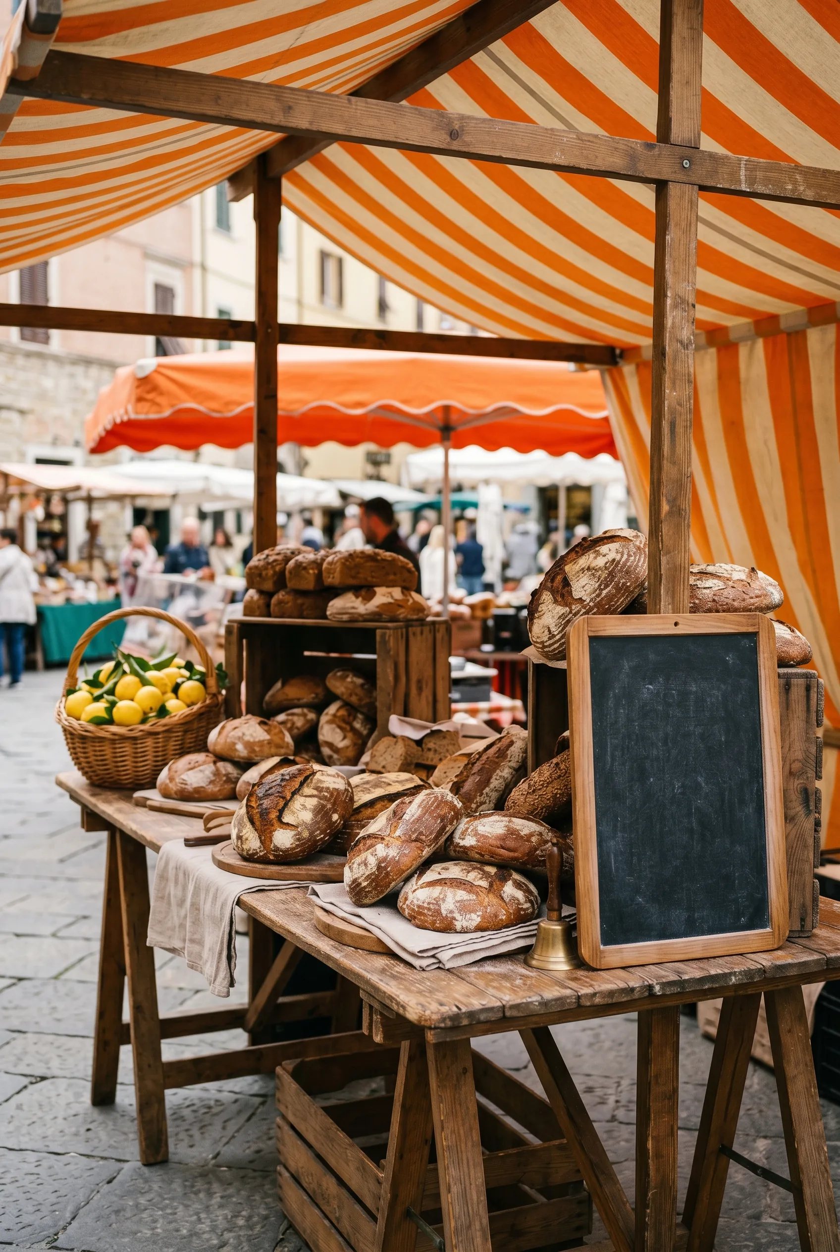 A single artisan market stall close up, with a wooden trestle table piled with hand-made sourdough loaves, a wicker basket of yellow lemons, a small chalkboard leaning against the table, and an orange striped canvas awning above in warm light