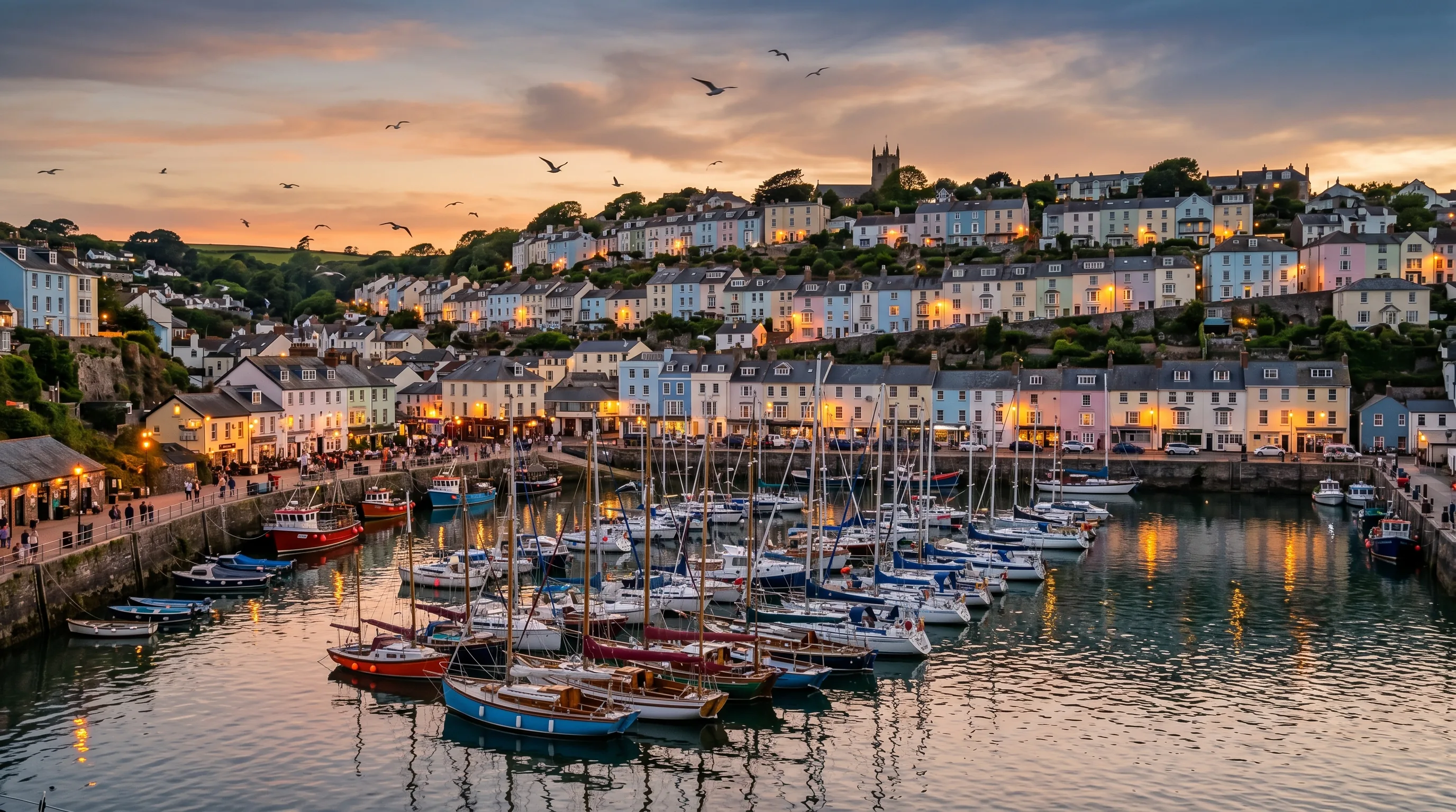 A British city waterfront at dusk with pastel-painted Georgian terraces rising up a steep hill above a tidal harbour, moored sailing boats reflected on the water, warm streetlights just coming on, seagulls in flight
