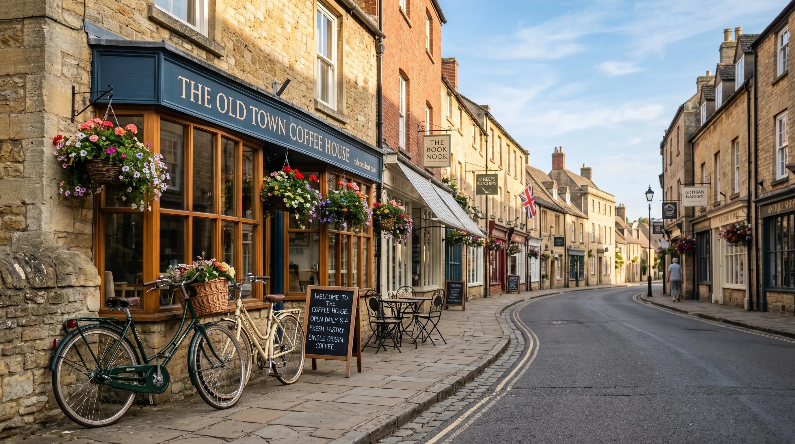 Sunny British market town high street with an independent coffee shop, bikes leaning against a wall, hanging flower baskets, and historic stone buildings