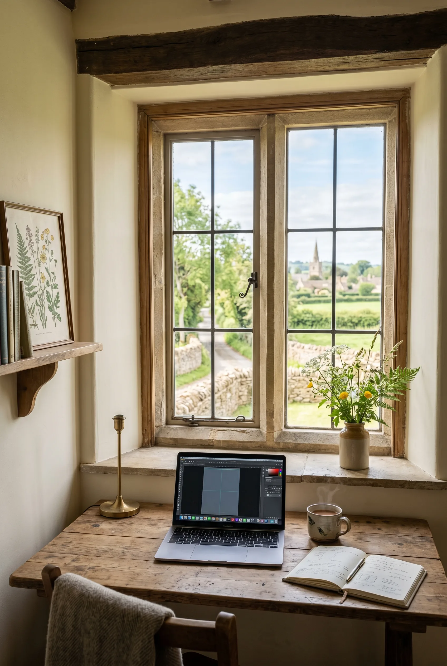 Portrait view of a UK cottage home office: a reclaimed wooden desk with laptop, tea, and open notebook beneath a tall mullioned window looking out onto rolling countryside and a distant village church
