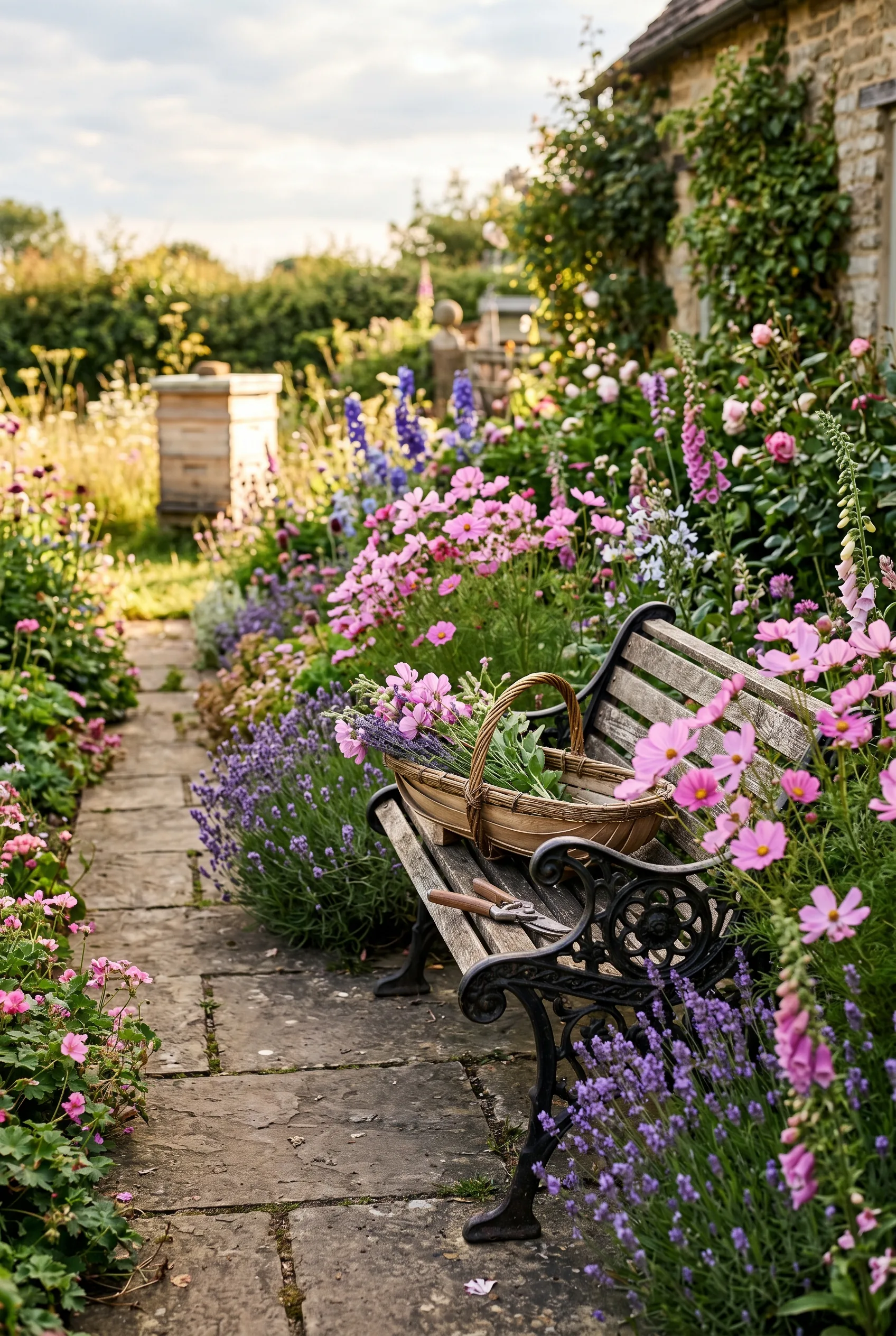 A cast-iron garden bench beside a flowering cottage border with pink cosmos and lavender, a pair of secateurs and a woven trug resting on the bench, and a wooden beehive in the distance, in soft late-afternoon light