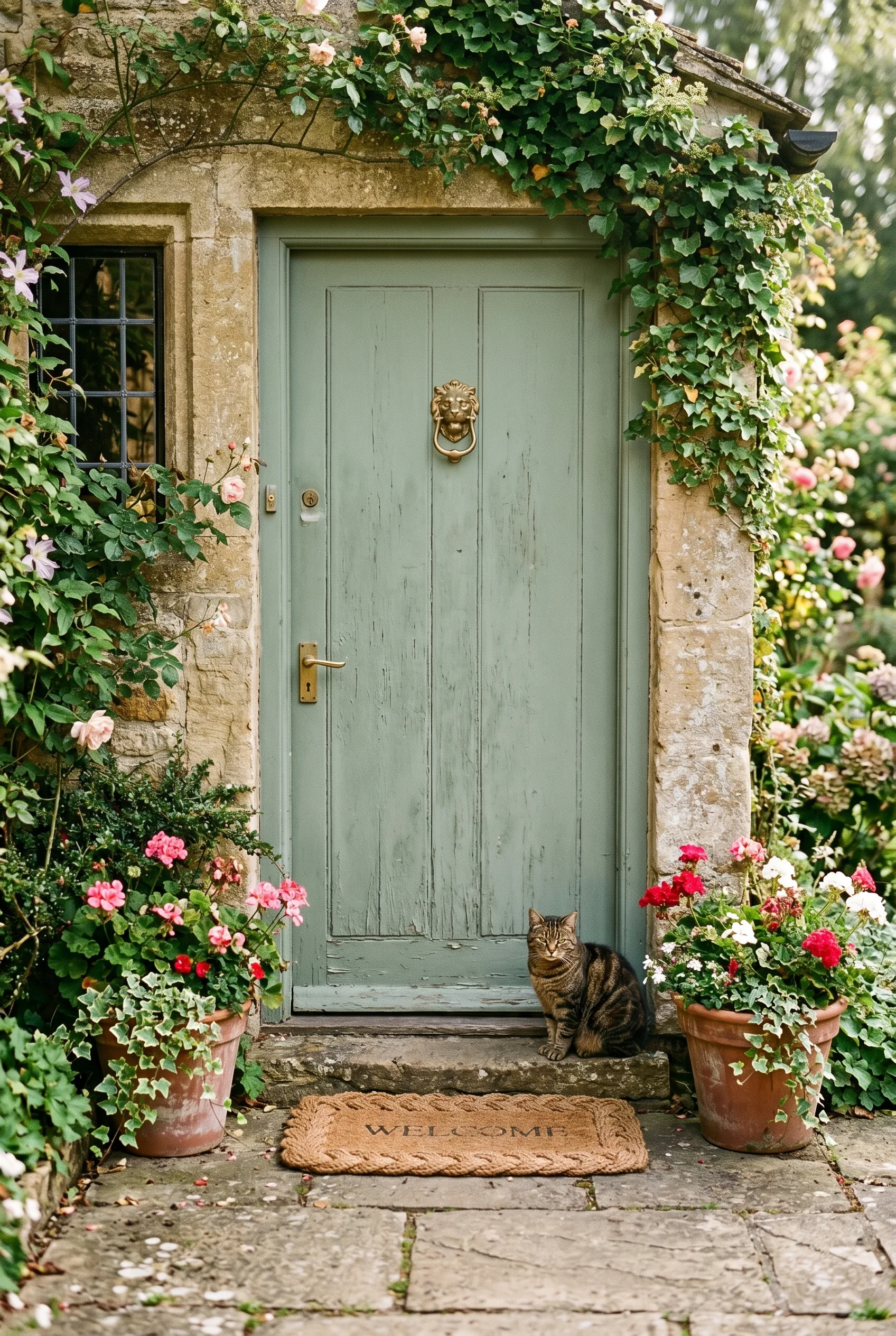 A sage-green cottage front door in a Cotswold stone wall, with terracotta pots of geraniums on each side of the step and a tabby cat sitting on a coir doormat in soft morning light