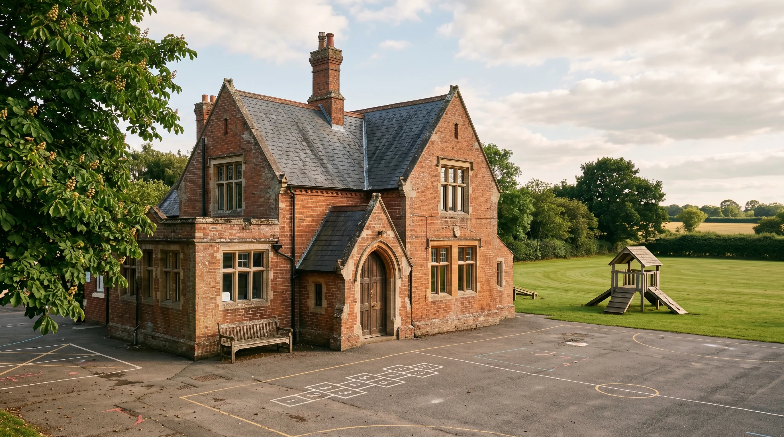 A traditional red-brick Victorian English primary school building with a slate roof and sash windows, a tarmac playground with painted hopscotch and a wooden bench, a horse chestnut tree at one corner, and a grassy playing field in warm afternoon light